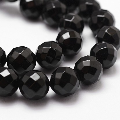 Natural Black Onyx Beads Strands, Grade A, Faceted, Dyed & Heated, Round