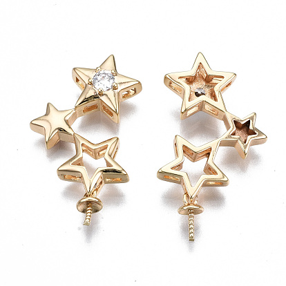 Brass Micro Pave Clear Cubic Zirconia Peg Bails Pendants, for Half Drilled Bead, Nickel Free, Star