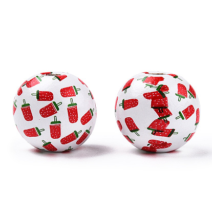 Printed Natural Wooden Fruit Beads, Round with Ice Cream Pattern