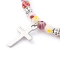304 Stainless Steel Charm Stretch Bracelets, with Alloy Beads and Millefiori Glass Beads, Cross