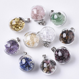 Transparent Globe Glass Bubble Cover Pendants, with Rhinestone or Dyed Natural Gemstones Inside and 304 Stainless Steel Bails, Round