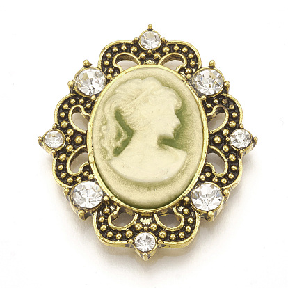 Cabochons de aleación, con la resina y diamantes de imitación, óvalo con camafeo mujer dama cabeza retrato