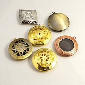 Brass Locket Pendants, Photo Frame Charms for Necklaces, Mixed Shapes and Mixed Color, 22~42x6~10mm, Hole: 2mm