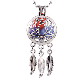 Alloy Diffuser Locket Pendants, with Lotus Pattern, Excluding Chain, Woven Net/Web with Feather