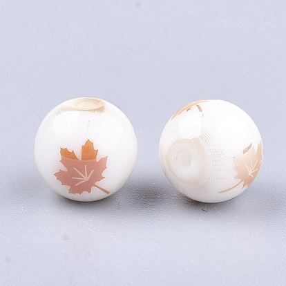Autumn Theme Electroplate Glass Beads, Round with Maple Leaf Pattern