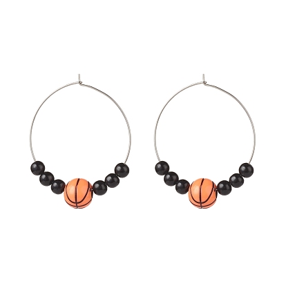 Sport Theme Acrylic Round Beaded Hoop Earrings, 316 Surgical Stainless Steel Jewelry for Women