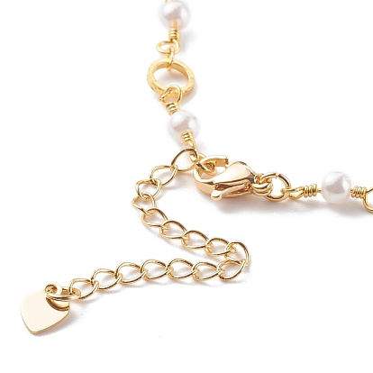 Brass Ring Link Chain Bracelets, with Round Glass Beads and Lobster Claw Clasps, White