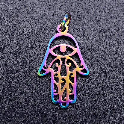 Ion Plating(IP) 201 Stainless Steel Pendants, with Jump Rings, Hamsa Hand/Hand of Fatima/Hand of Miriam with Eye