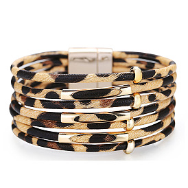 Fashionable Leopard Print Multi-layer Beaded Magnetic Clasp Leather Bracelet - Classic, Creative