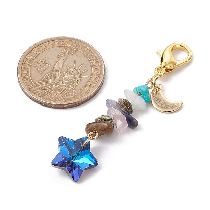 Electroplate Glass Star Pendant Decoration, Natural & Synthetic Mixed Stone Chips and Alloy Lobster Claw Clasps Charm