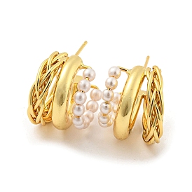 Rack Plating Brass Stud Earrings with Plastic Pearl Beaded, Split Earrings, Long-Lasting Plated, Cadmium Free & Lead Free