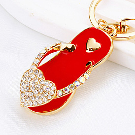Sparkling Heart Slippers Keychain for Women, Cartoon Creative Bag Pendant Metal Keyring Gift