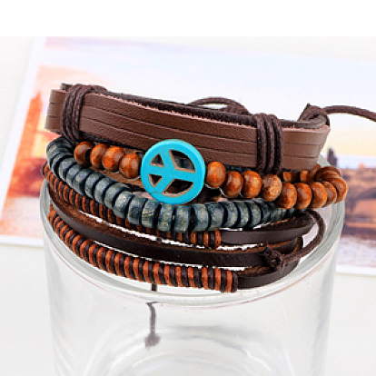 Multi-strand Bracelets, Stackable Bracelets, with Imitation Leather, Waxed Cotton Cord, Wooden Bead and Hemp Rope, Peace Sign