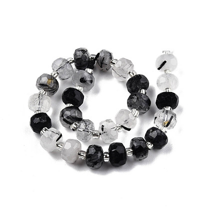 Naturel noir quartz rutile brins de perles, avec des perles de rocaille, facette, rondelle