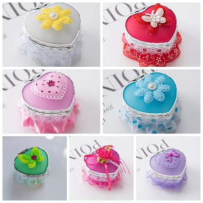 Valentine's Day Heart Mini Plastic Jewelry Lace Boxes, with Mirror Inside and Polyester, for Earring, Rings, Pendants and Necklaces Storage
