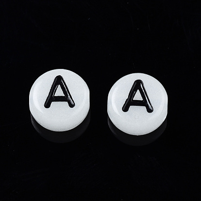 Acrylic Beads, with Enamel and Luminous, Horizontal Hole, Flat Round with Black Letter, Glow in the Dark, Light Grey