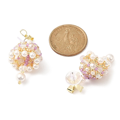Campana de perlas de concha natural con aretes colgantes con lazo de aleación, pendientes navideños con 925 alfileres de plata de ley