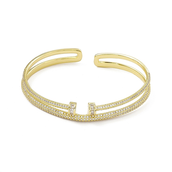 Bracelet manchette ouvert demi-rond en zircone cubique transparente, bracelet double ligne en laiton placage rack pour femme, sans cadmium et sans plomb