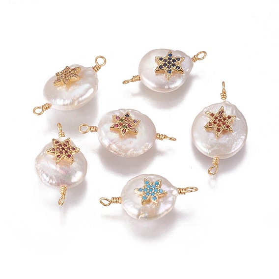 Natural Cultured Freshwater Pearl Pendants, for Jewish, with Cubic Zirconia and Brass Findings, Flat Round with Star of David