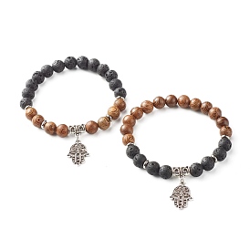 Natural Wenge Wood & Lava Rock Beads Charm Bracelets Set, for Men Woman, with Hamsa Hand/Hand of Miria