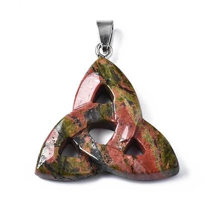 Mixtes pendentifs triangle de pierres précieuses avec fermoirs de cuivre, de couleur métal platine , 34x33x5.5mm, Trou: 10x4mm