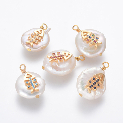 Natural Cultured Freshwater Pearl Pendants, with Brass Micro Pave Cubic Zirconia Findings, Nuggets with Fish Bone, Golden