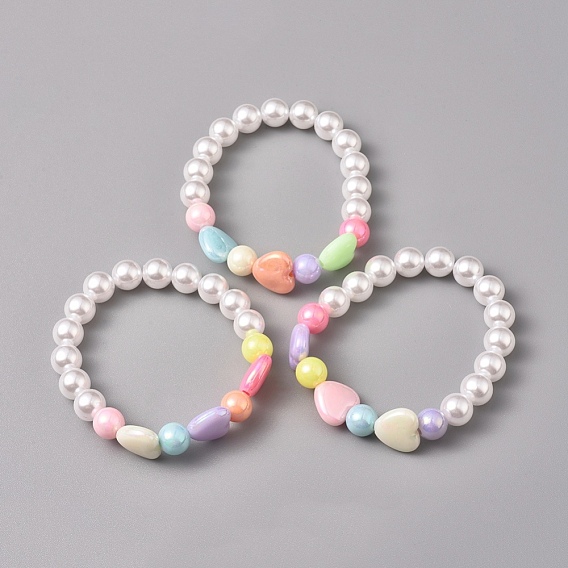 Pulseras elásticas con cuentas de acrílico para niños, con perlas de imitación de plástico ecológico y cuentas acrílicas, corazón y redondo