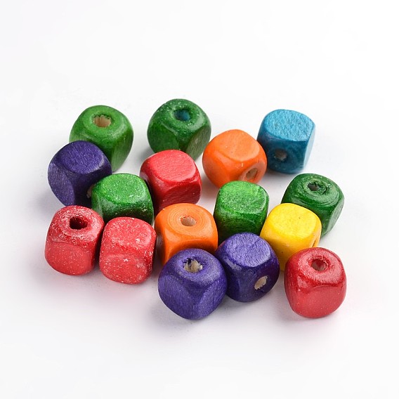 Natural Wood Beads, Cube, Lead Free, Dyed