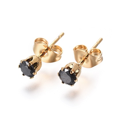 304 Stainless Steel Stud Earrings, with Rhinestone and Ear Nuts/Earring Back, Flat Round