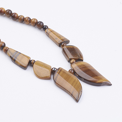 Natural Tiger Eye Beaded Necklaces, with Brass Lobster Claw Clasp