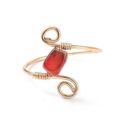 Anillo de dedo trenzado de ágata roja natural, joyería de envoltura de alambre de cobre chapado en oro claro para mujer