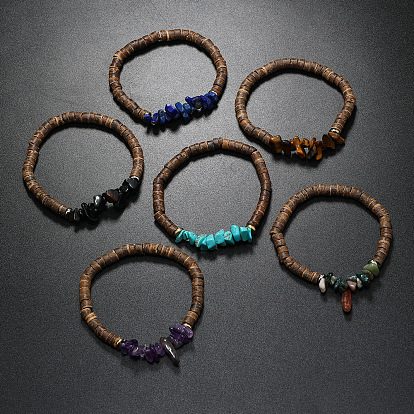 Эластичные браслеты из натуральных и синтетических драгоценных камней и кокосовых дисков, украшенные бисером