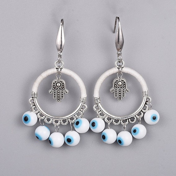 Lampwork Beads Dangle Earrings, with Alloy Beads, 316 Surgical Stainless Steel Earring Hooks and Nylon Thread, Hamsa Hand and Evil Eye