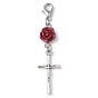 Décorations de pendentif croix crucifix en alliage, avec rose 304 maillon en acier inoxydable et résine et fermoirs mousquetons en alliage