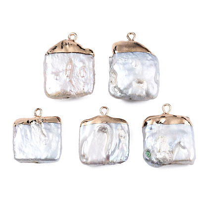 Electroplate Natural Baroque Pearl Keshi Pearl Pendants, Cultured Freshwater Pearl, with Iron Findings, Square Charm