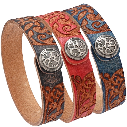 Branch Pattern Cowhide Cord Bracelets, with Alloy Button