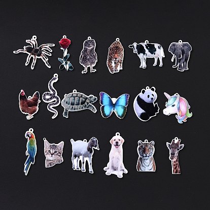 Printed Opaque Acrylic Pendants, Animal Theme Charms, Butterfly/Panda/Unicorn/Parrot/Cat Charms