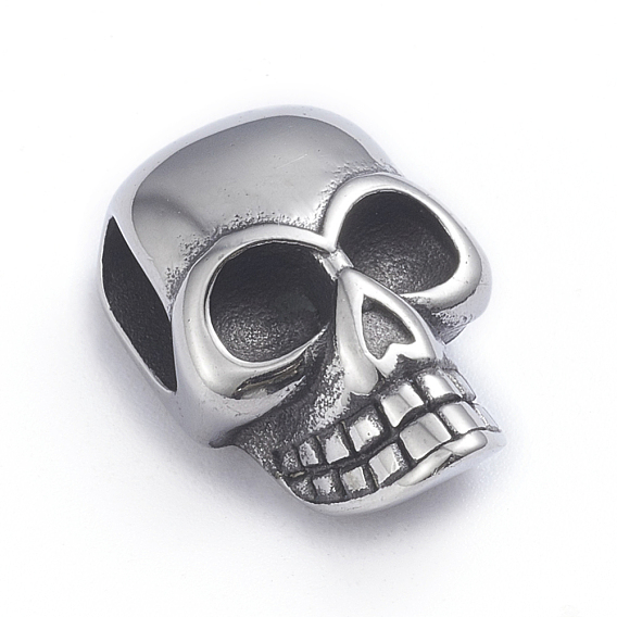 Retro 304 Stainless Steel Slide Charms/Slider Beads, for Leather Cord Bracelets Making, Skull