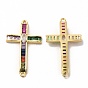 Rack Plating Brass Pave Cubic Zirconia Connector Charms, Cadmium Free & Lead Free, Real 18K Gold Plated, Religion Cross Links