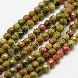 Natural Unakite Beads Strands, Faceted Round
