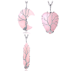 3 pcs 3 ensemble de colliers avec pendentif en quartz rose naturel style cœur, lune et balle, avec arbre de vie en alliage enveloppé de fil