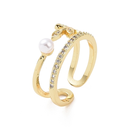 Brass Micro Pave Cubic Zirconia Open Rings, Leaf with Plastic Imitation Pearl Cuff Rings for Women