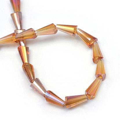 AB-Color Plated Transparent Glass Bead Strands, Cone, 8x4mm, Hole: 1mm, about 72pcs/strand, 22 inch