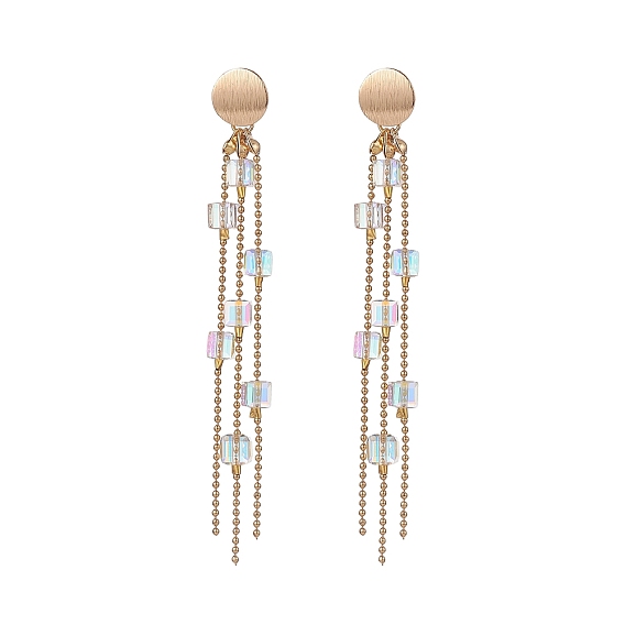 Boucles d'oreilles pendantes en forme de cube de verre Crystal K9, Boucles d'oreilles pendantes à pampilles avec chaîne à boules en laiton pour femmes
