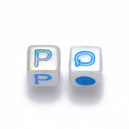 Perles acryliques plaquées couleur ab, trou horizontal, cube avec la lettre initiale, couleur mixte