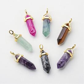 Natural Gemstone Pointed Pendants, with Random Alloy Pendant Hexagon Bead Cap Bails, Golden, Bullet