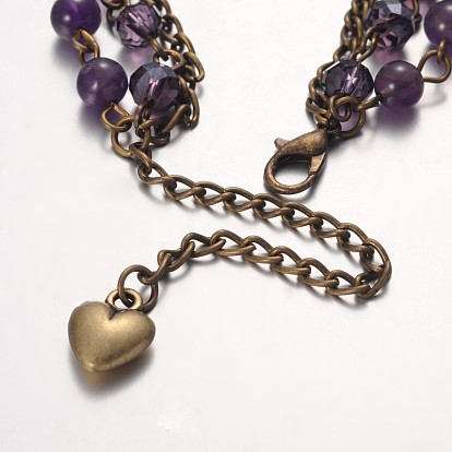 Pierres précieuses perles bracelets à la mode multi-brins, perles de verre, des chaînes de fer et d'alliage de zinc homard fermoirs griffe, 185mm