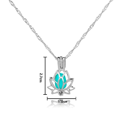 Alloy Lotus Cage Pendant Necklace with Synthetic Luminaries Stone, Glow In The Dark Jewelry for Women
