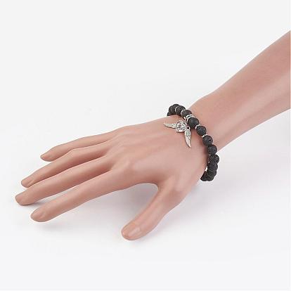 Natural Lava Rock Beads Stretch Bracelets, with Alloy Pendants