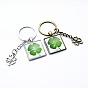 Luminous Alloy Glass Keychain, with Key Rings, Square with Clover